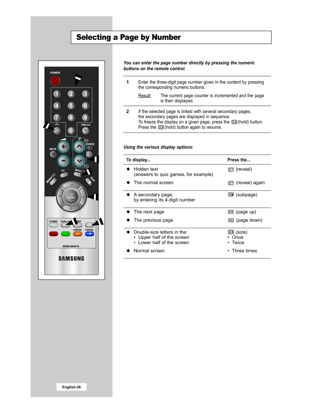 Samsung LE20S51BU manual Selecting a Page by Number, Using the various display options, To display, Press the 