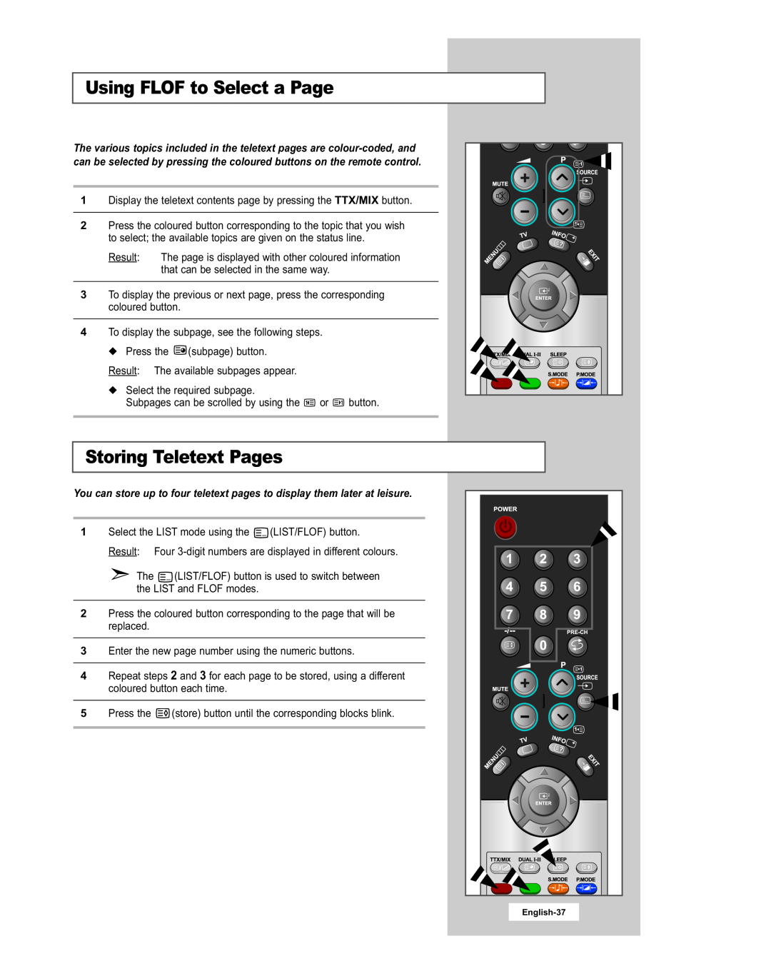 Samsung LE20S51BU manual Using FLOF to Select a Page, Storing Teletext Pages 