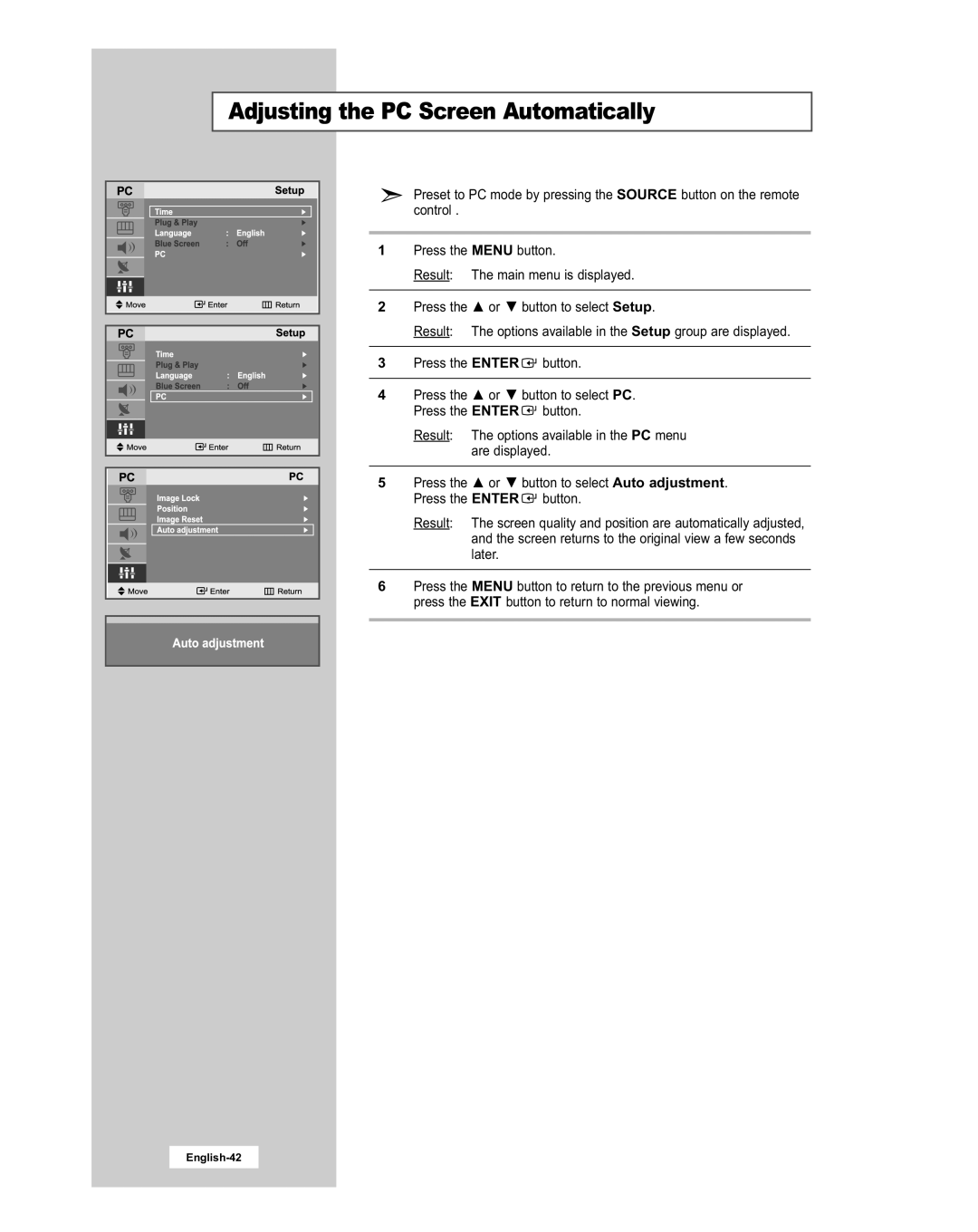 Samsung LE20S51BU manual Adjusting the PC Screen Automatically, English-42 