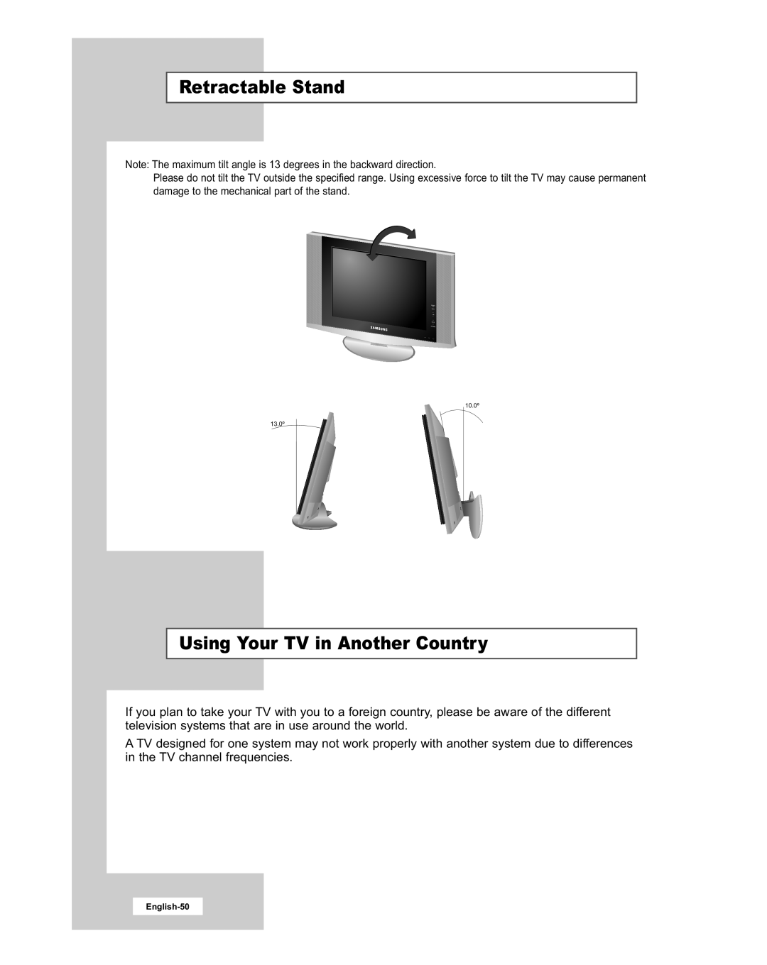 Samsung LE20S51BU manual Retractable Stand, Using Your TV in Another Country 