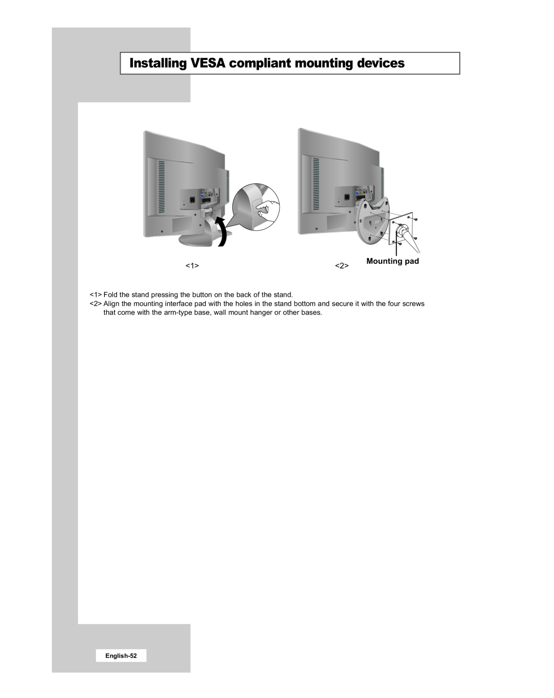 Samsung LE20S51BU manual Installing VESA compliant mounting devices, Mounting pad, English-52 