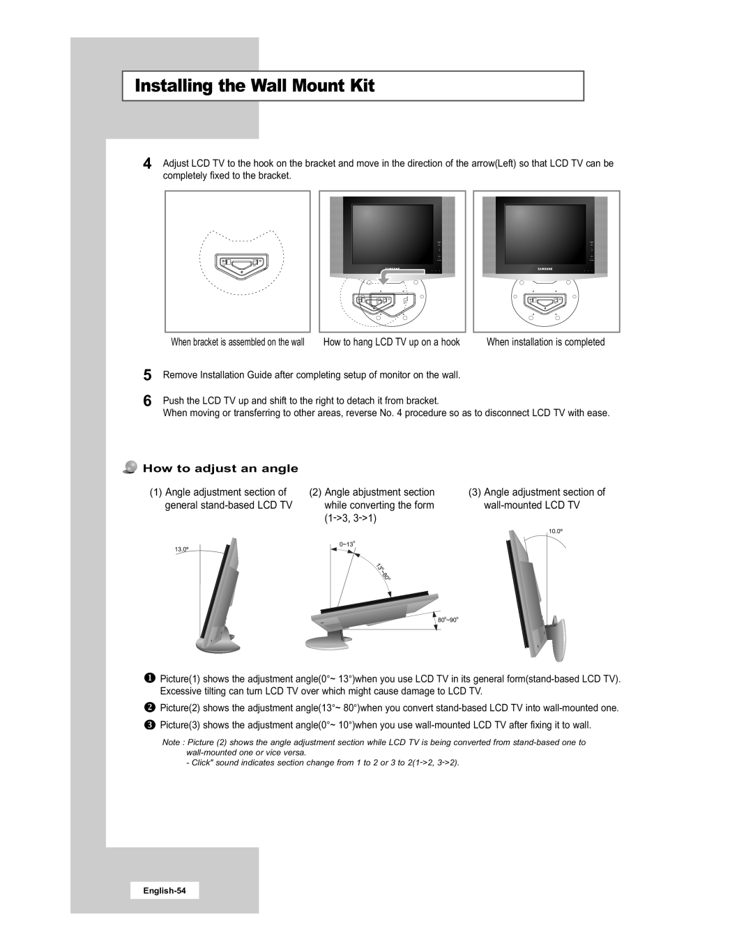 Samsung LE20S51BU How to adjust an angle, Installing the Wall Mount Kit, Angle adjustment section of, wall-mounted LCD TV 