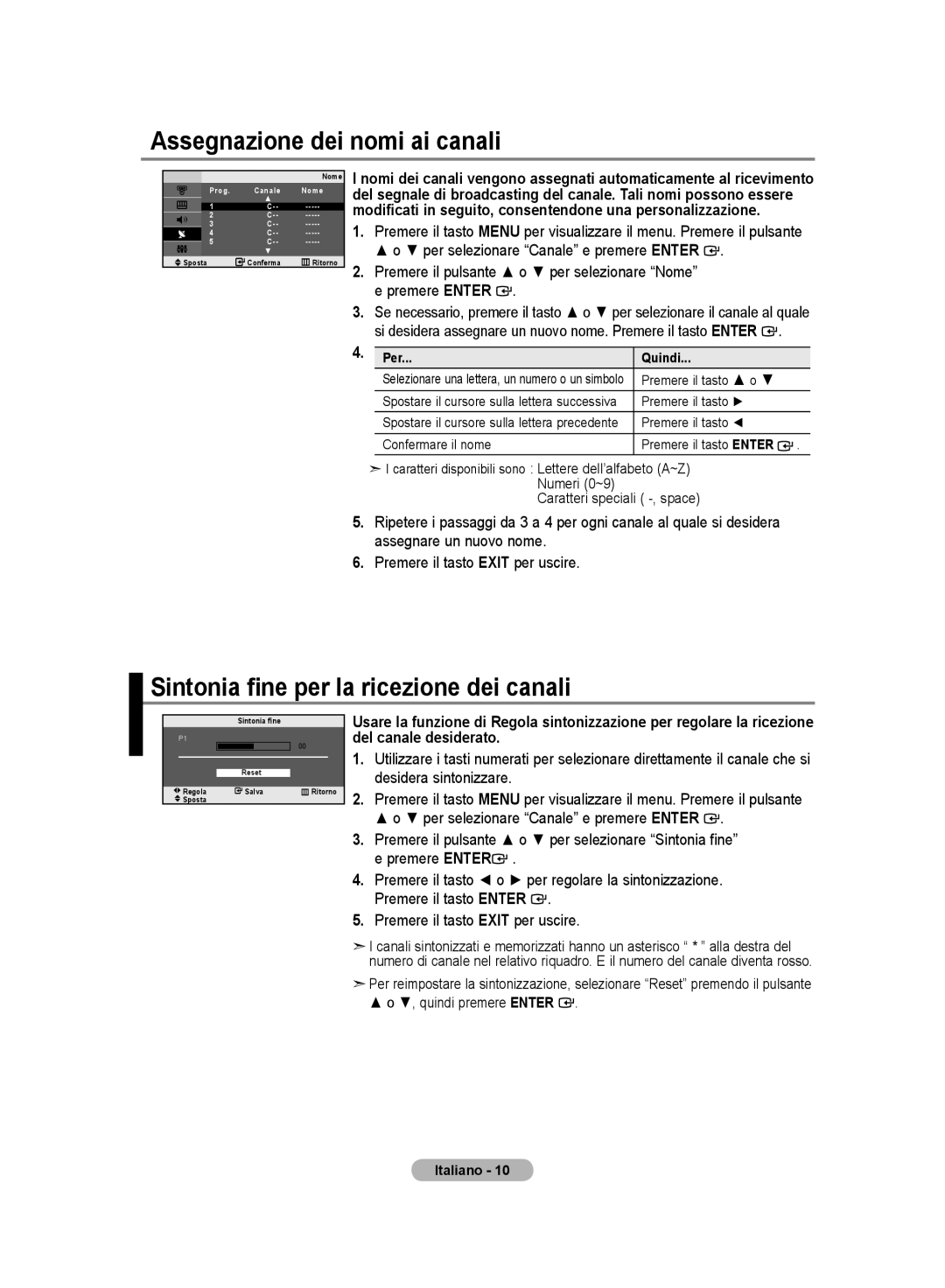 Samsung LE20S8 Assegnazione dei nomi ai canali, Sintonia fine per la ricezione dei canali, Caratteri speciali -, space 