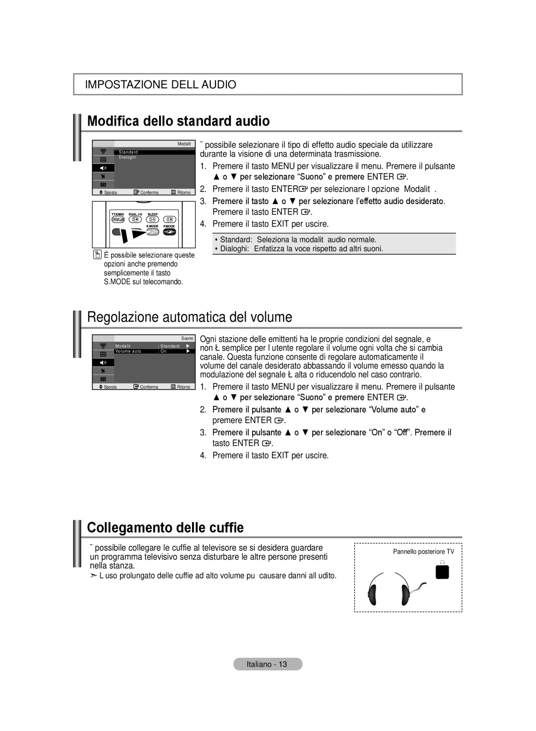 Samsung LE20S8 Modifica dello standard audio, Regolazione automatica del volume, Collegamento delle cuffie, Nella stanza 