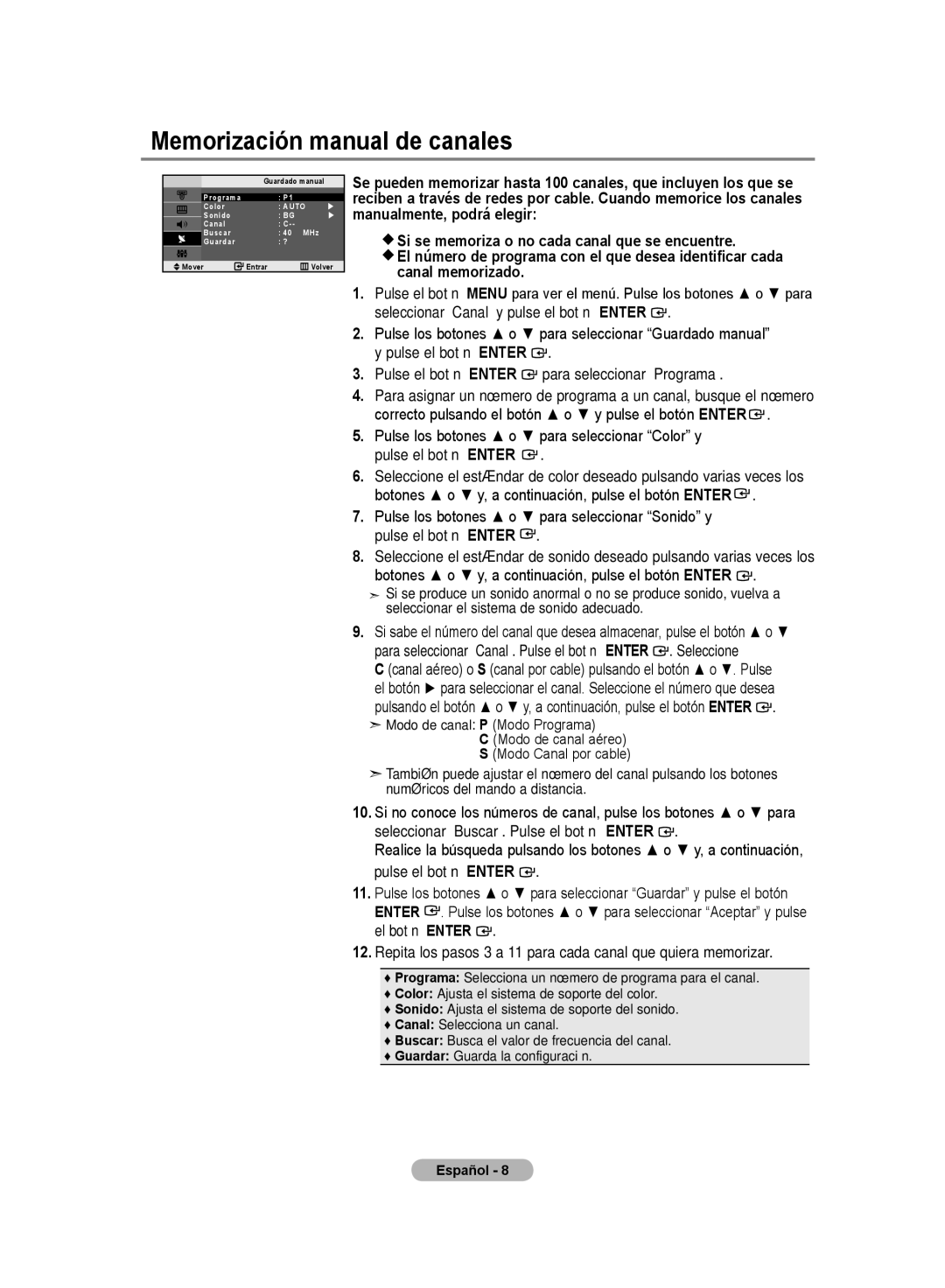 Samsung LE20S8 Memorización manual de canales, Correcto pulsando el botón o y pulse el botón Enter 