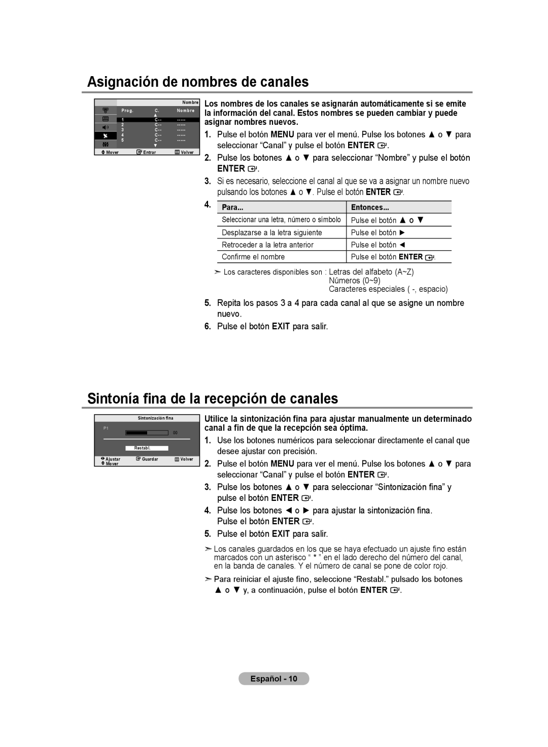 Samsung LE20S8 manual Asignación de nombres de canales, Sintonía fina de la recepción de canales, Para...Entonces 