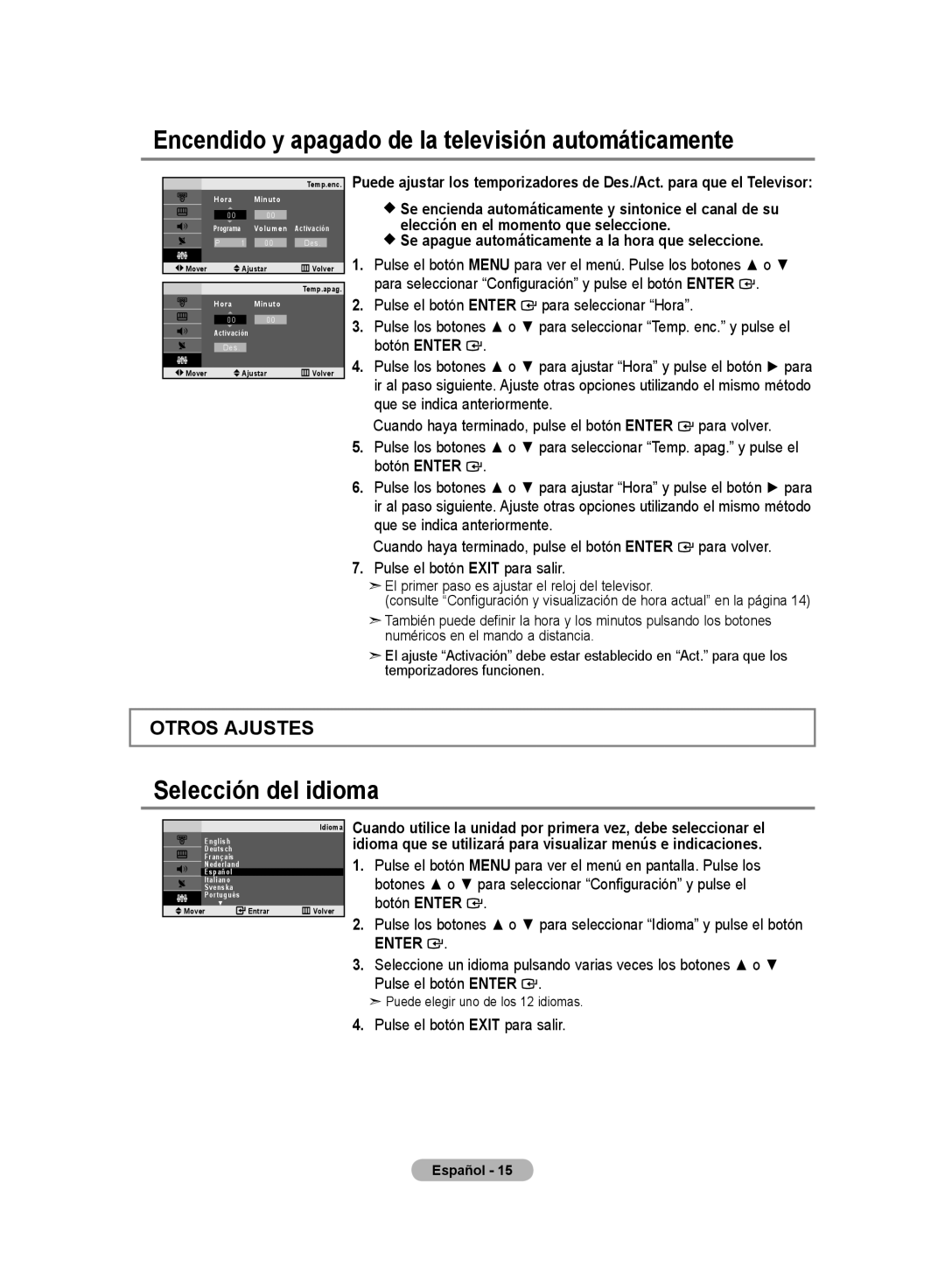 Samsung LE20S8 manual Encendido y apagado de la televisión automáticamente, Selección del idioma 