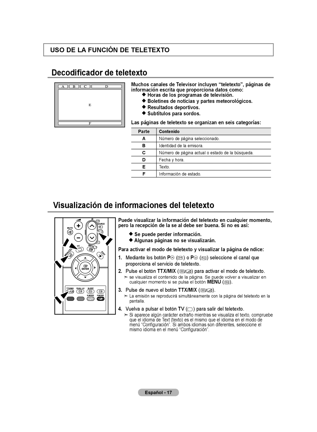 Samsung LE20S8 manual Decodificador de teletexto, Visualización de informaciones del teletexto, Mediante los botón P 