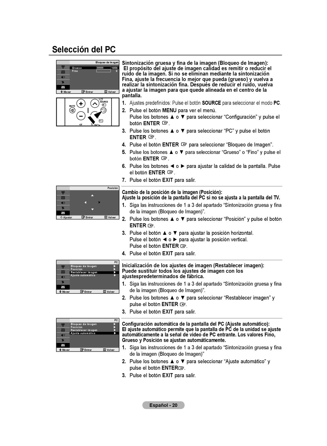 Samsung LE20S8 manual Selección del PC, Cambio de la posición de la imagen Posición 