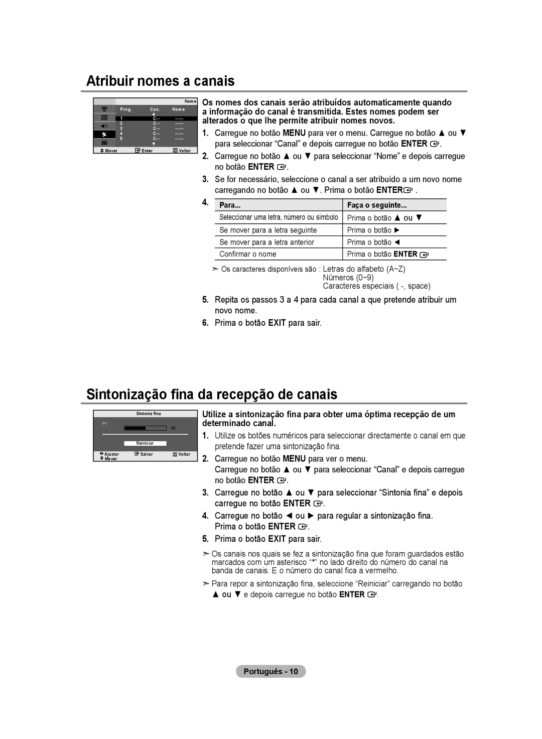 Samsung LE20S8 manual Atribuir nomes a canais, Sintonização fina da recepção de canais, Caracteres especiais -, space 