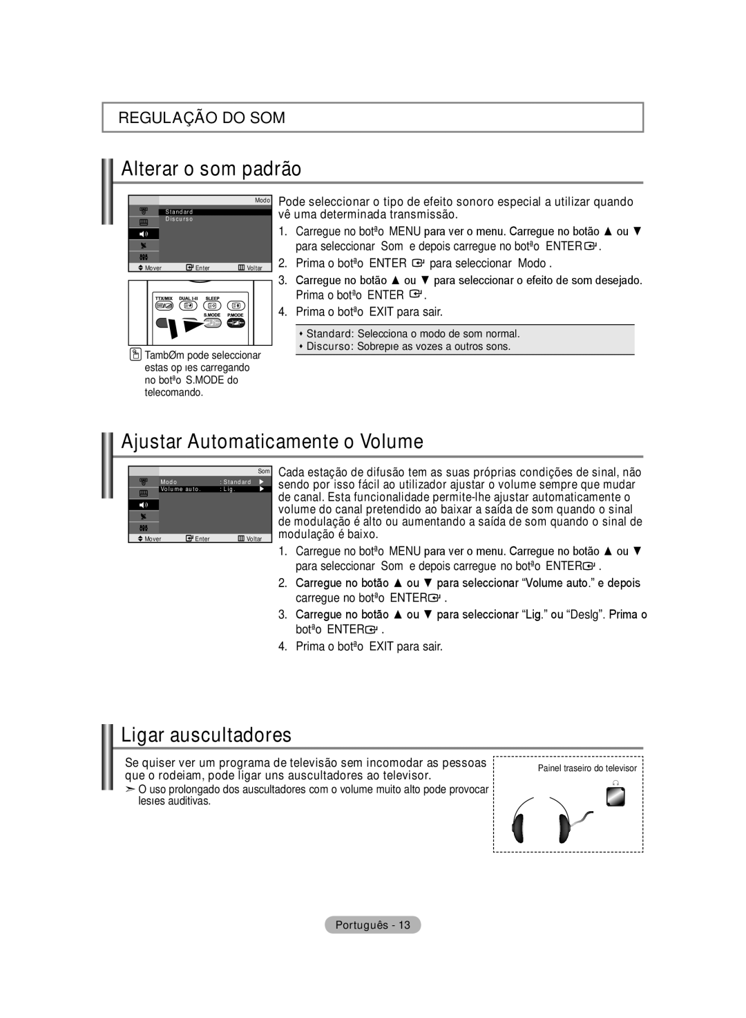 Samsung LE20S8 manual Alterar o som padrão, Ajustar Automaticamente o Volume, Ligar auscultadores 