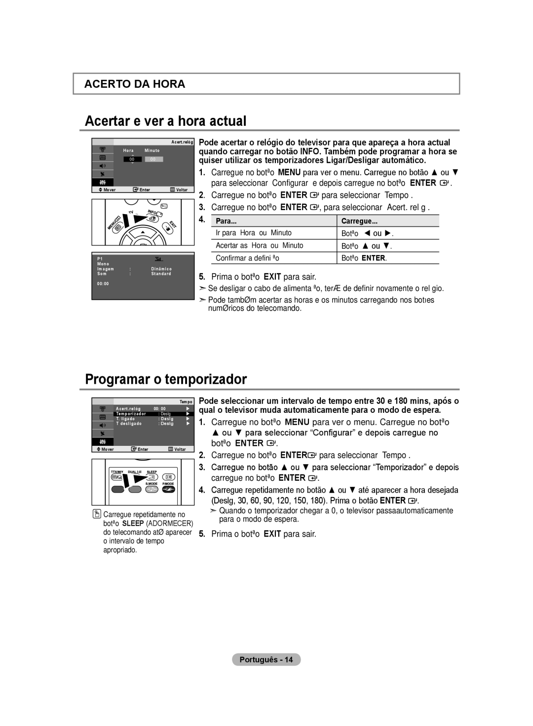 Samsung LE20S8 manual Acertar e ver a hora actual, Programar o temporizador, Para Carregue 