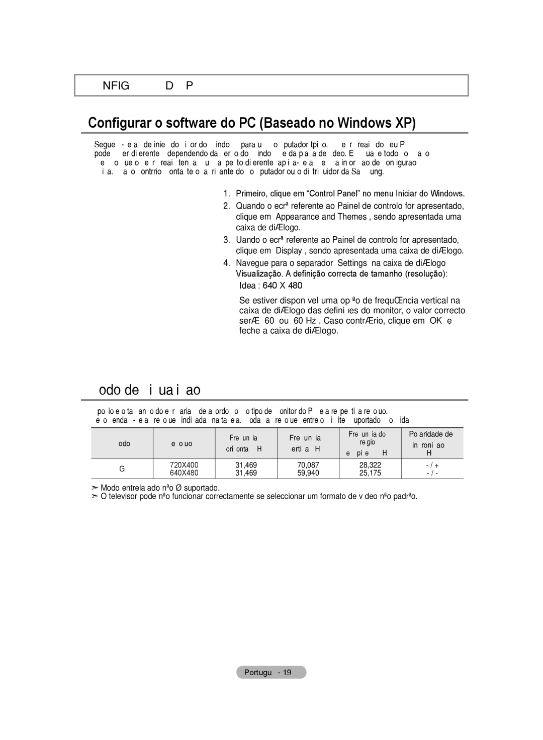 Samsung LE20S8 manual Configurar o software do PC Baseado no Windows XP, Modo de visualização 