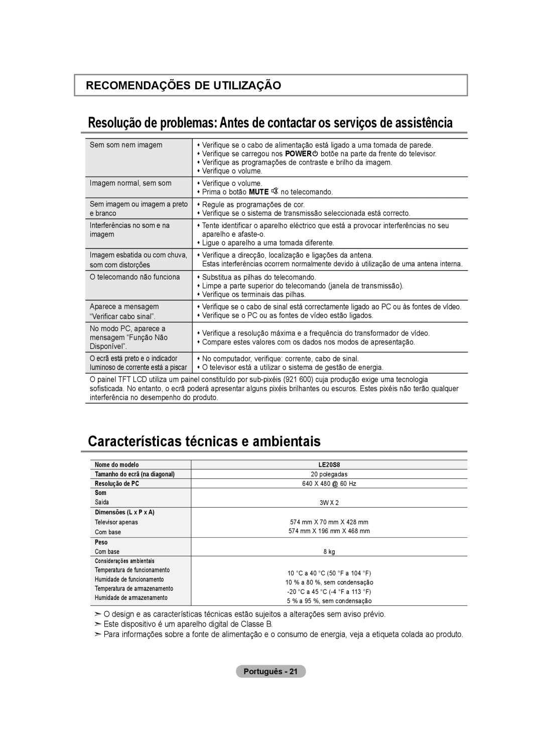 Samsung LE20S8 manual Características técnicas e ambientais, Recomendações DE Utilização 