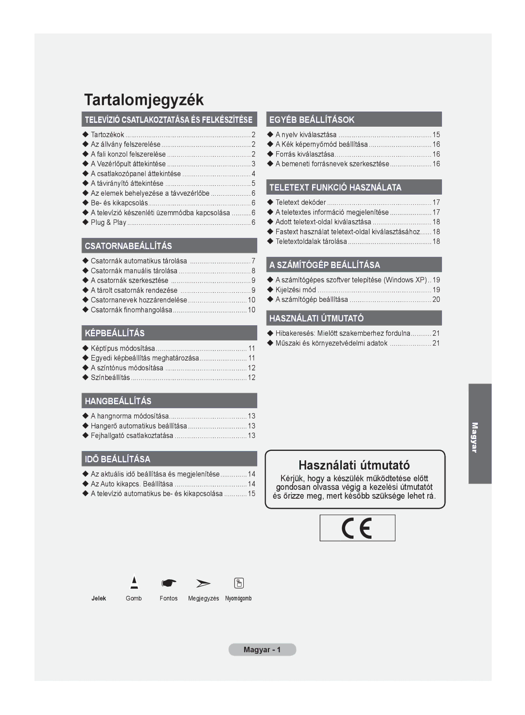 Samsung LE20S8 manual Tartalomjegyzék, Magyar  