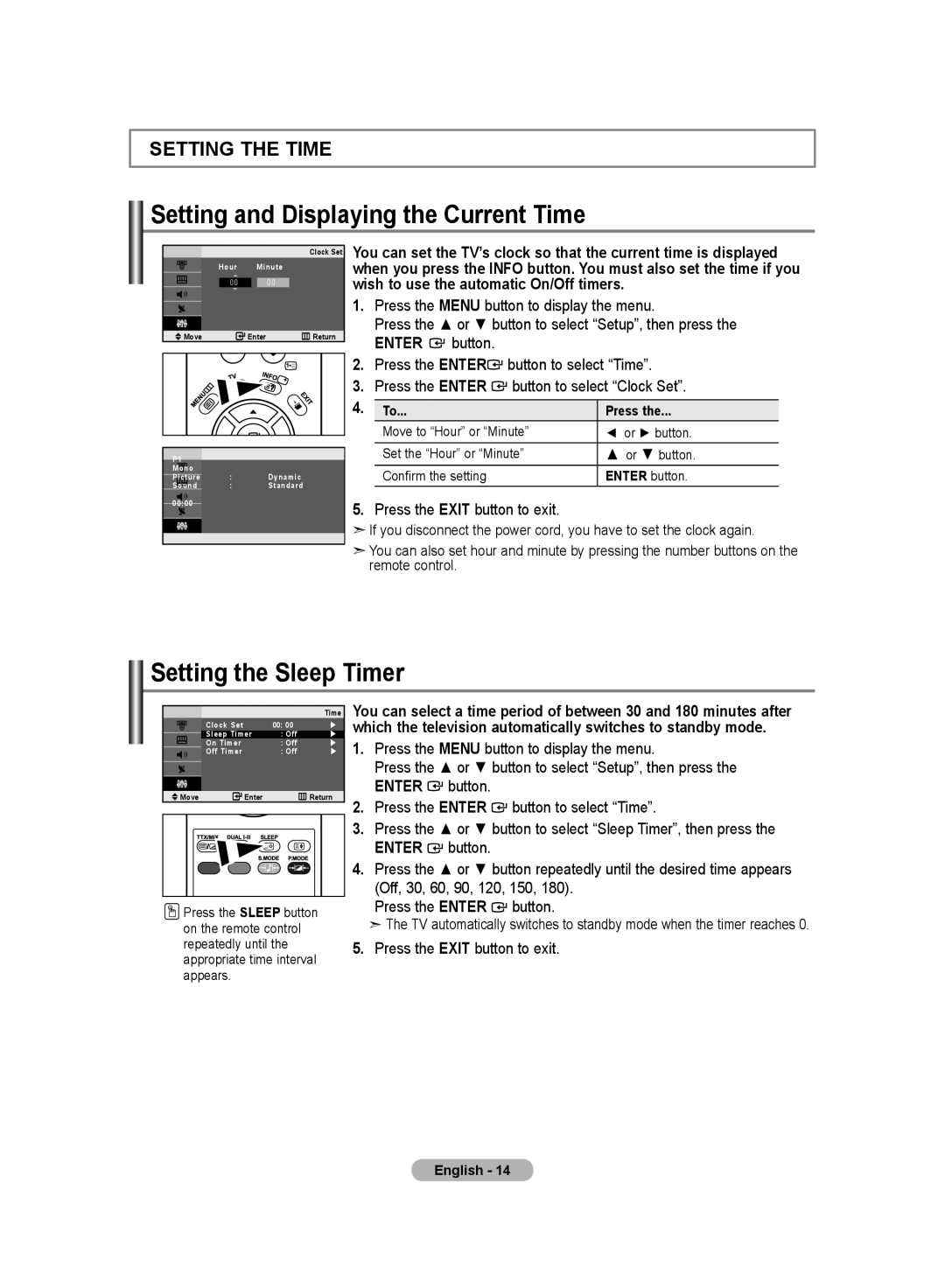 Samsung LE20S8 manual Setting and Displaying the Current Time, Setting the Sleep Timer, Press 