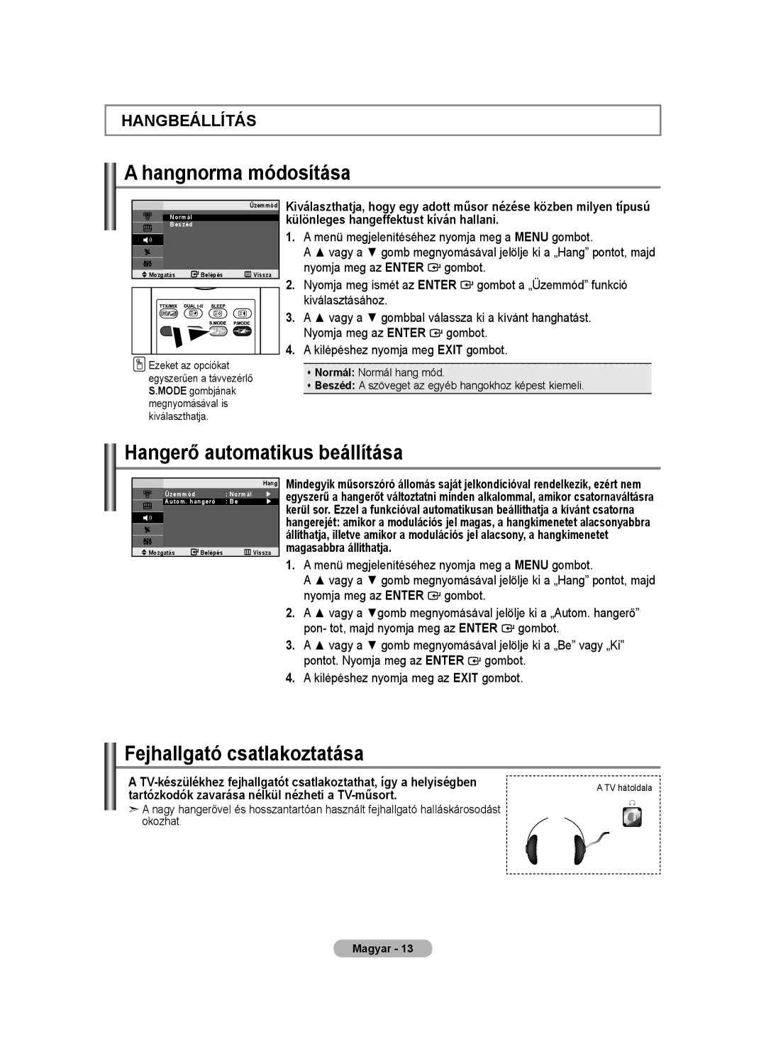 Samsung LE20S8 manual Hangnorma módosítása, Hangerő automatikus beállítása, Fejhallgató csatlakoztatása 