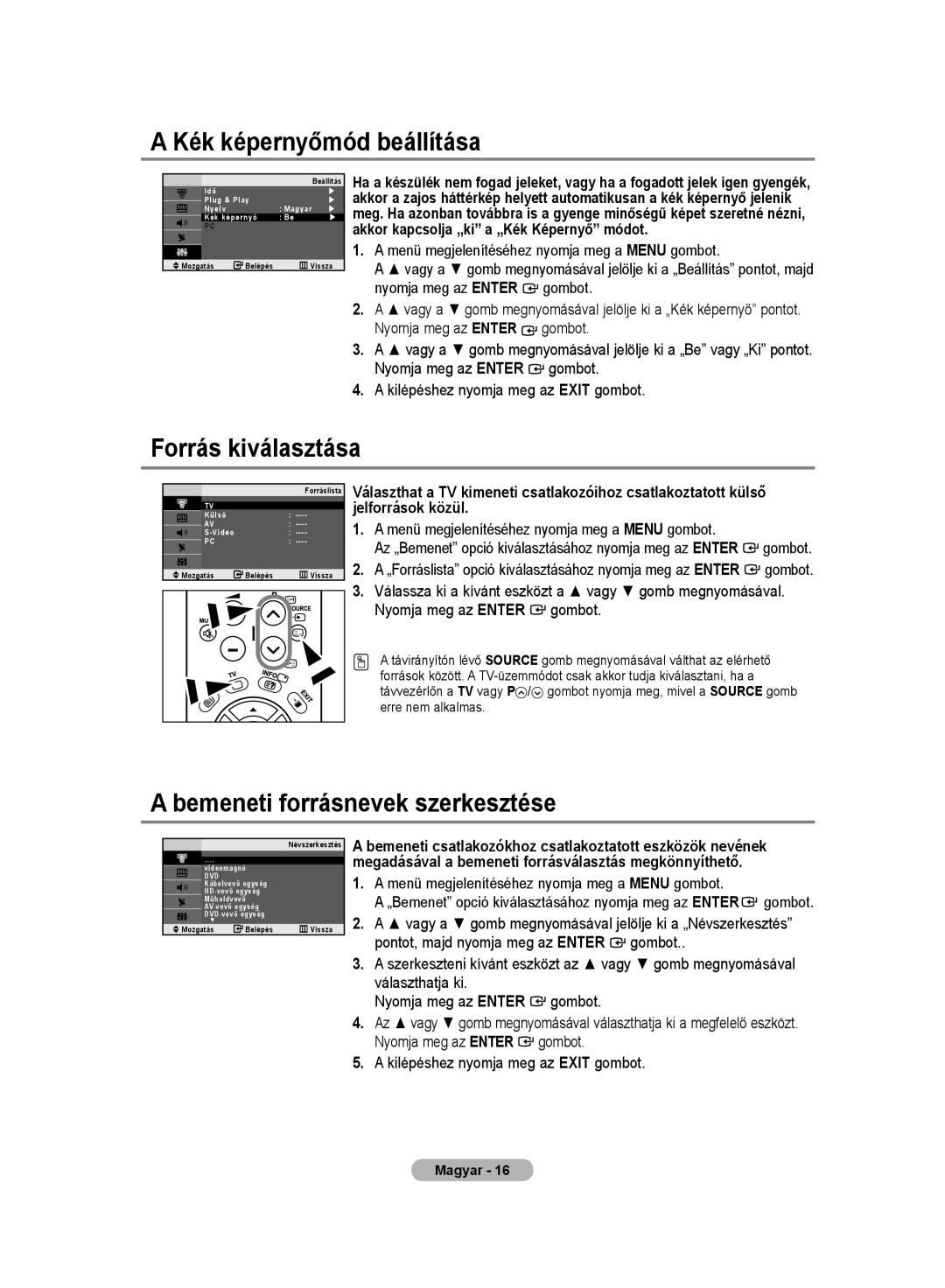 Samsung LE20S8 manual Kék képernyőmód beállítása, Forrás kiválasztása, Bemeneti forrásnevek szerkesztése 