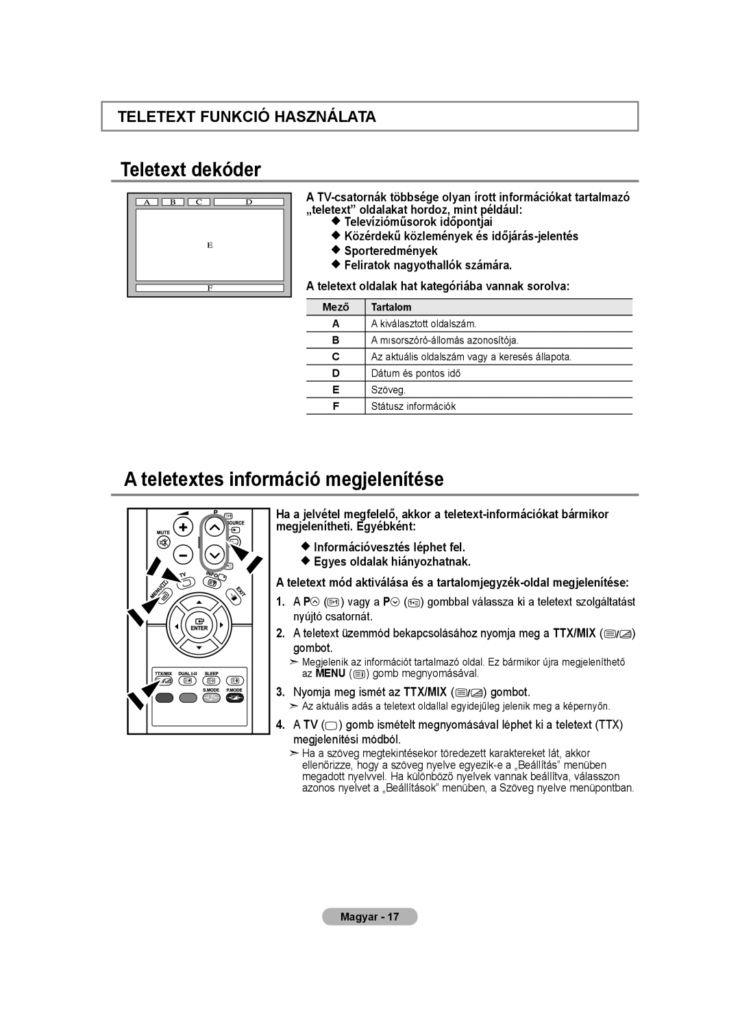 Samsung LE20S8 manual Teletext dekóder, Teletextes információ megjelenítése 