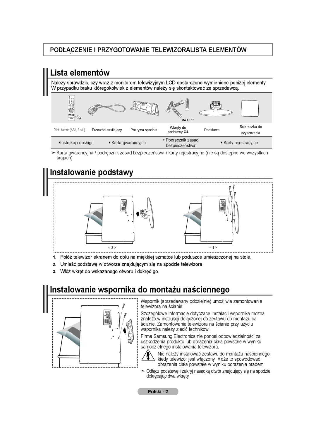 Samsung LE20S8 manual Lista elementów, Instalowanie podstawy, Instalowanie wspornika do montażu naściennego, Polski  