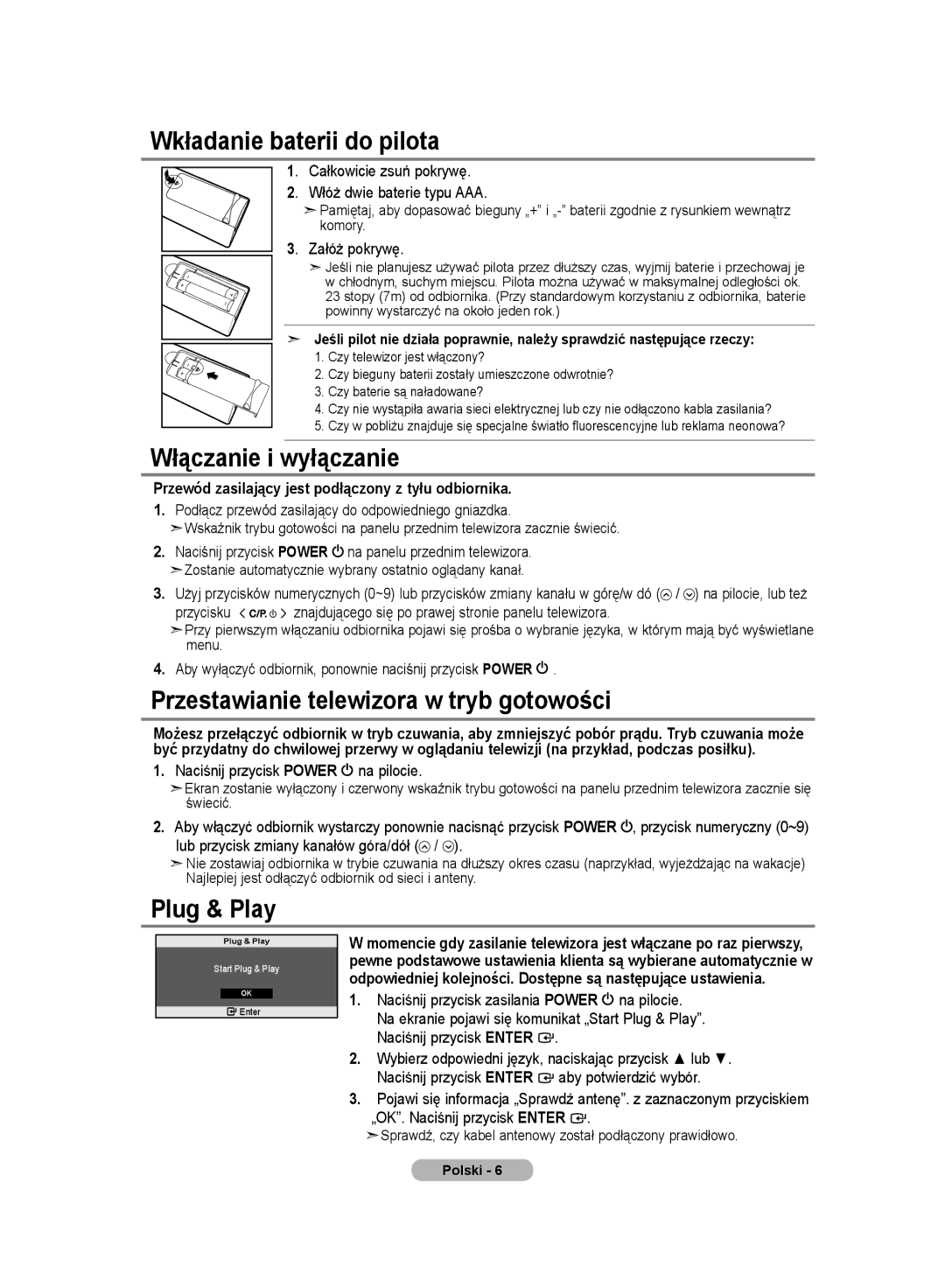 Samsung LE20S8 manual Wkładanie baterii do pilota, Włączanie i wyłączanie, Przestawianie telewizora w tryb gotowości 