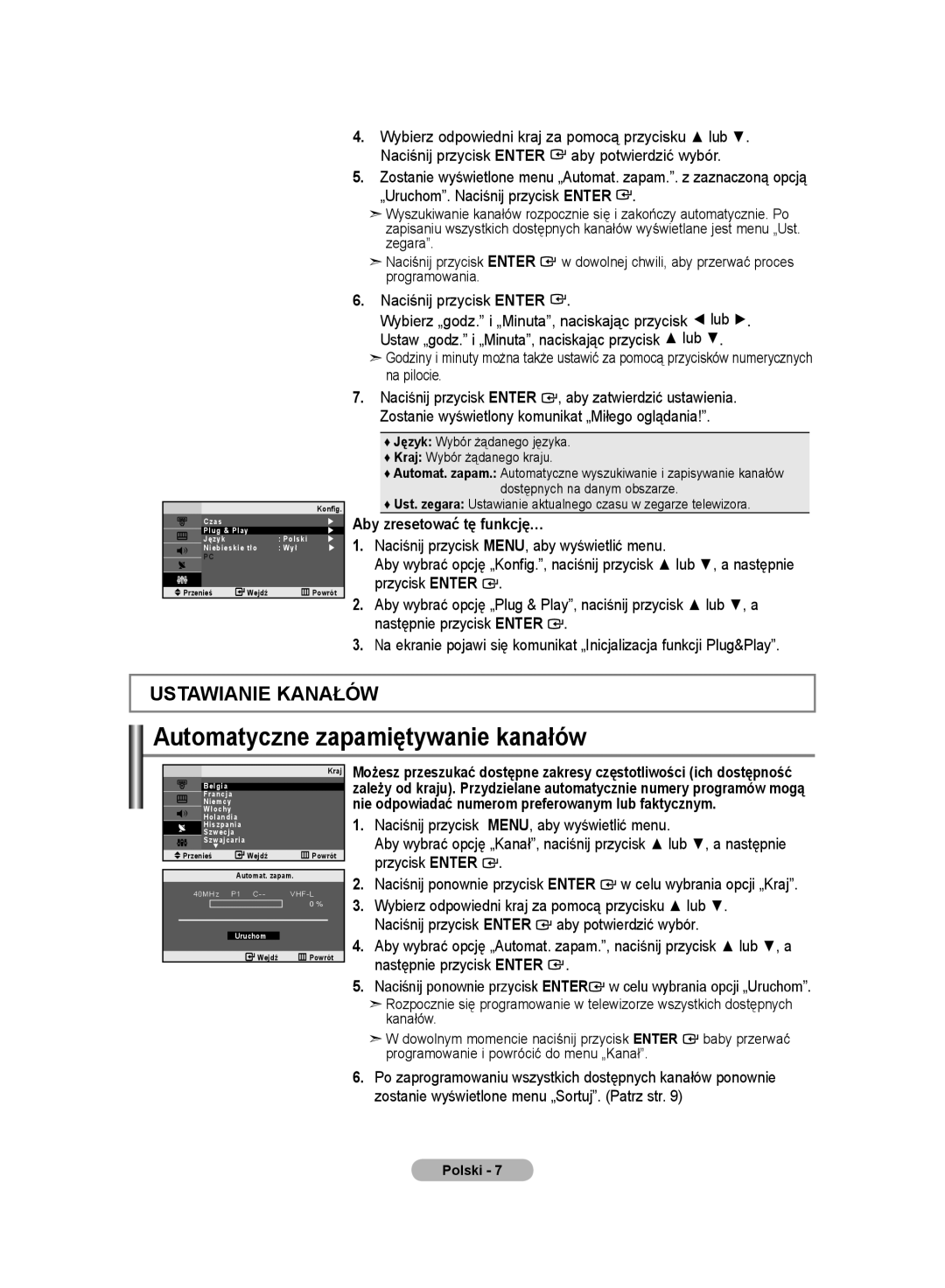 Samsung LE20S8 manual Automatyczne zapamiętywanie kanałów, Naciśnij przycisk Enter, Aby zresetować tę funkcję… 