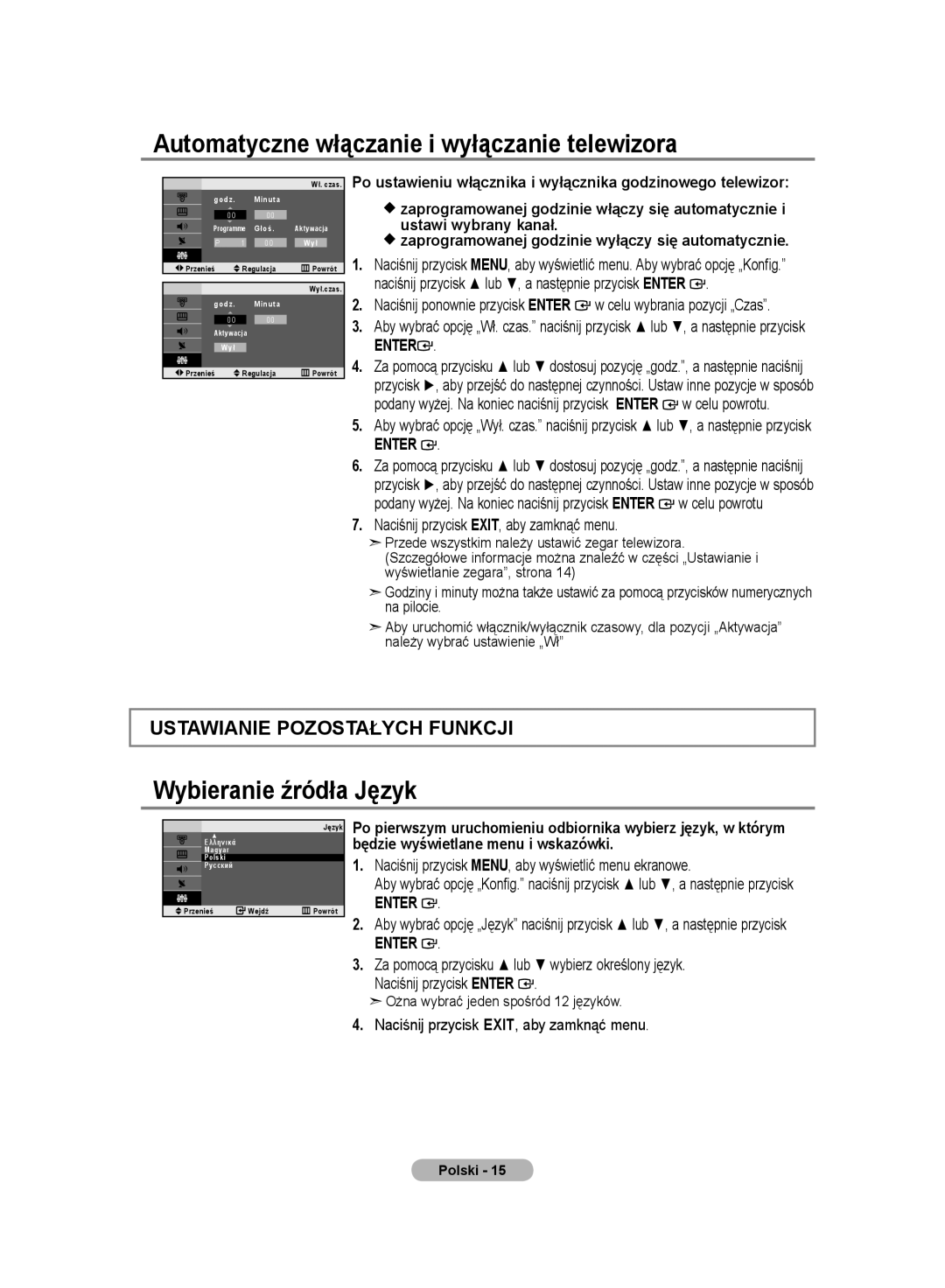 Samsung LE20S8 manual Automatyczne włączanie i wyłączanie telewizora, Wybieranie źródła Język 