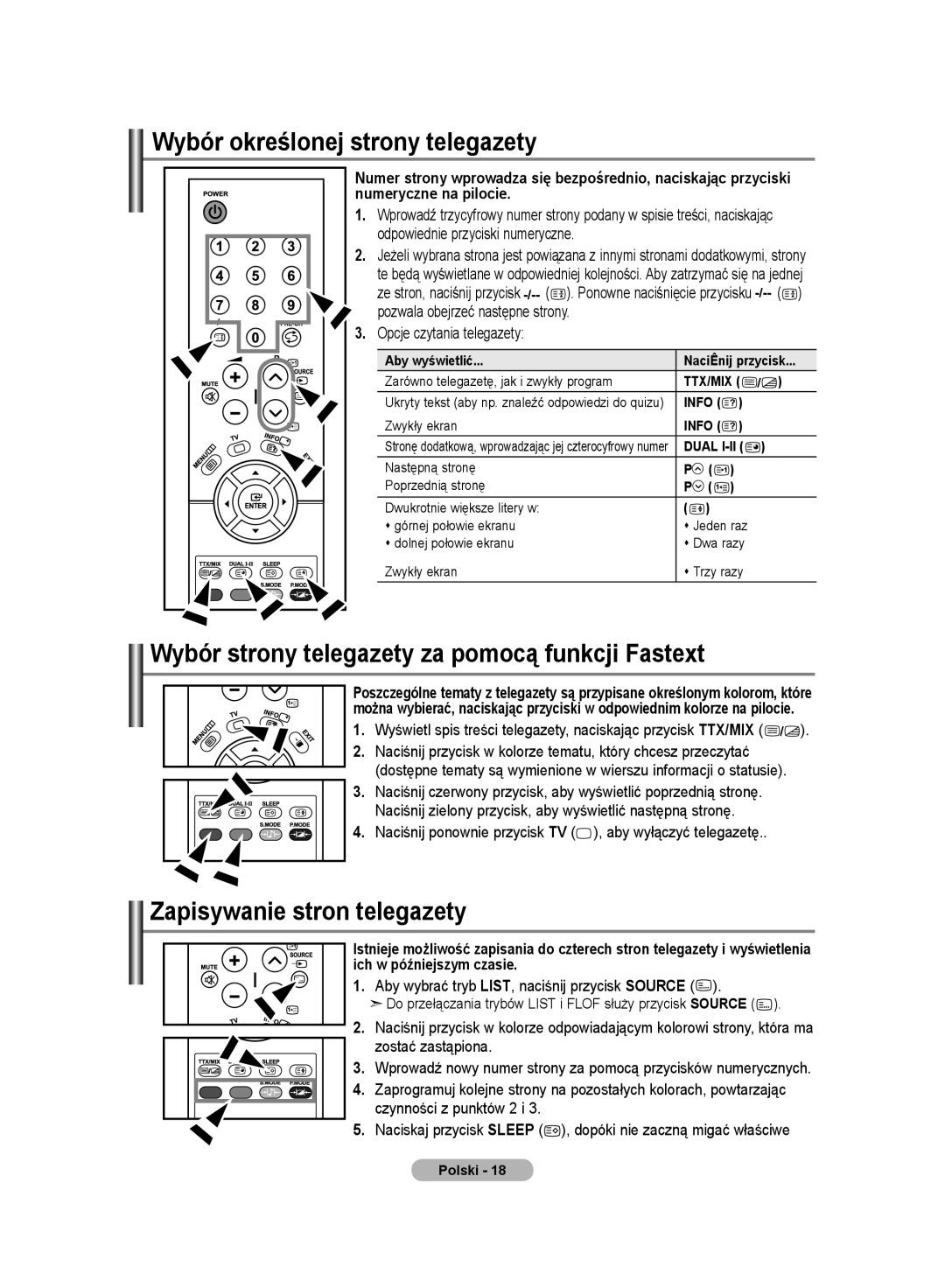 Samsung LE20S8 manual Wybór określonej strony telegazety, Wybór strony telegazety za pomocą funkcji Fastext 