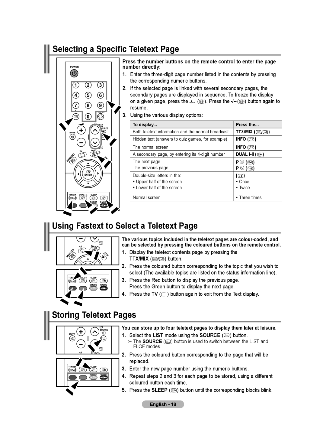 Samsung LE20S8 manual Selecting a Specific Teletext, Using Fastext to Select a Teletext, Storing Teletext Pages 