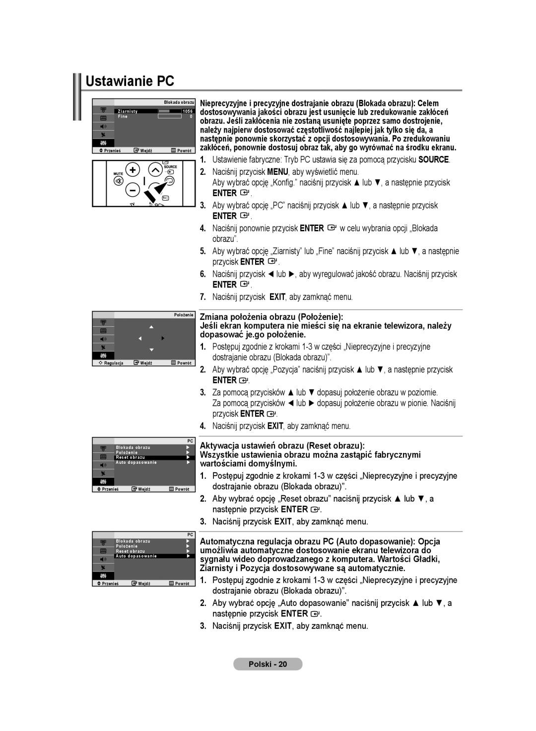 Samsung LE20S8 manual Ustawianie PC, Naciśnij przycisk MENU, aby wyświetlić menu 