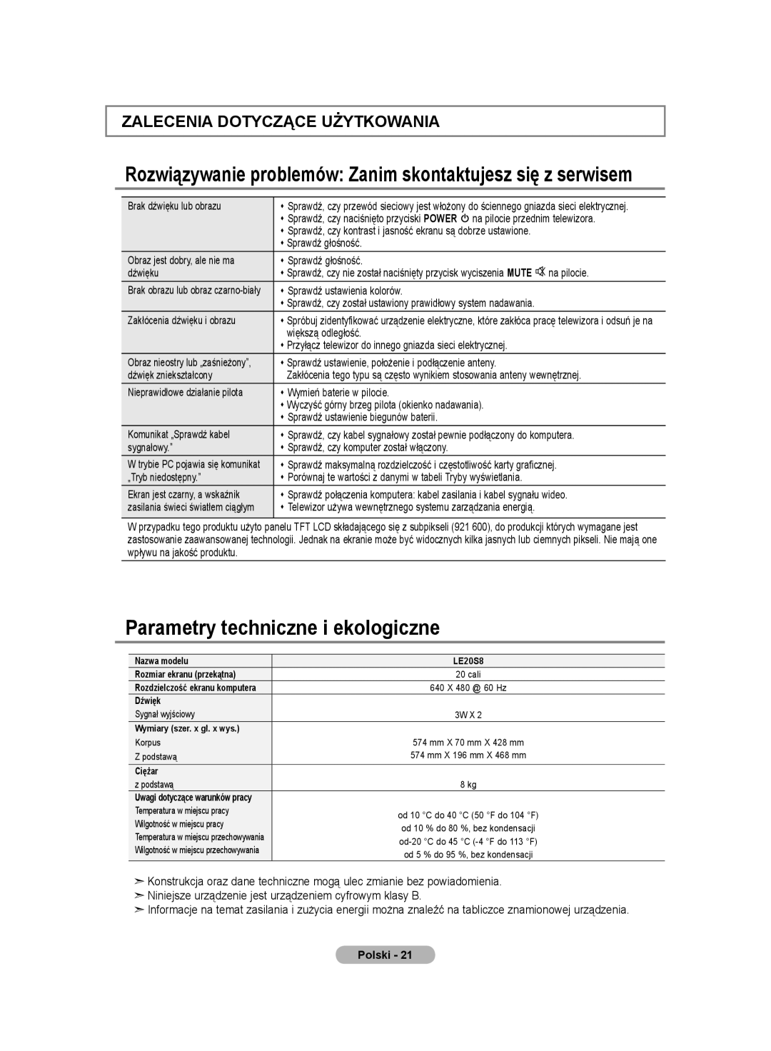 Samsung LE20S8 manual Parametry techniczne i ekologiczne, Rozwiązywanie problemów Zanim skontaktujesz się z serwisem 