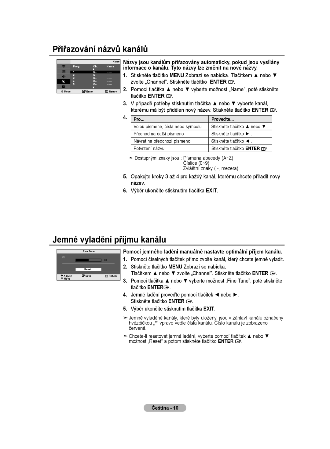 Samsung LE20S8 manual Přiřazování názvů kanálů, Jemné vyladění příjmu kanálu, Zvláštní znaky -, mezera, Pro Proveďte 