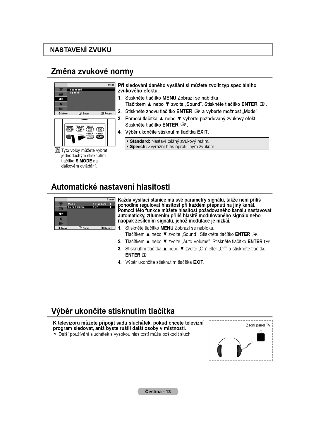 Samsung LE20S8 manual Změna zvukové normy, Automatické nastavení hlasitosti, Výběr ukončíte stisknutím tlačítka 