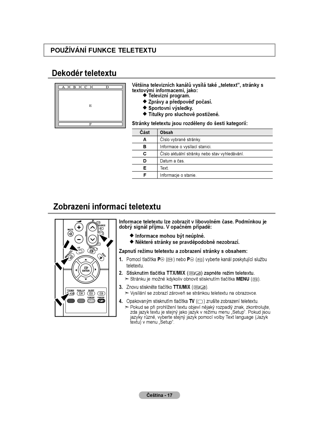 Samsung LE20S8 manual Dekodér teletextu, Zobrazení informací teletextu, Pomocí tlačítka P nebo P 