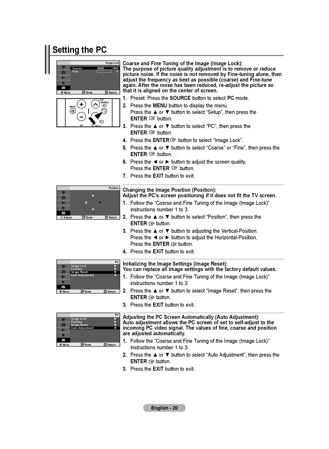 Samsung LE20S8 manual Setting the PC, Coarse and Fine Tuning of the Image Image Lock 