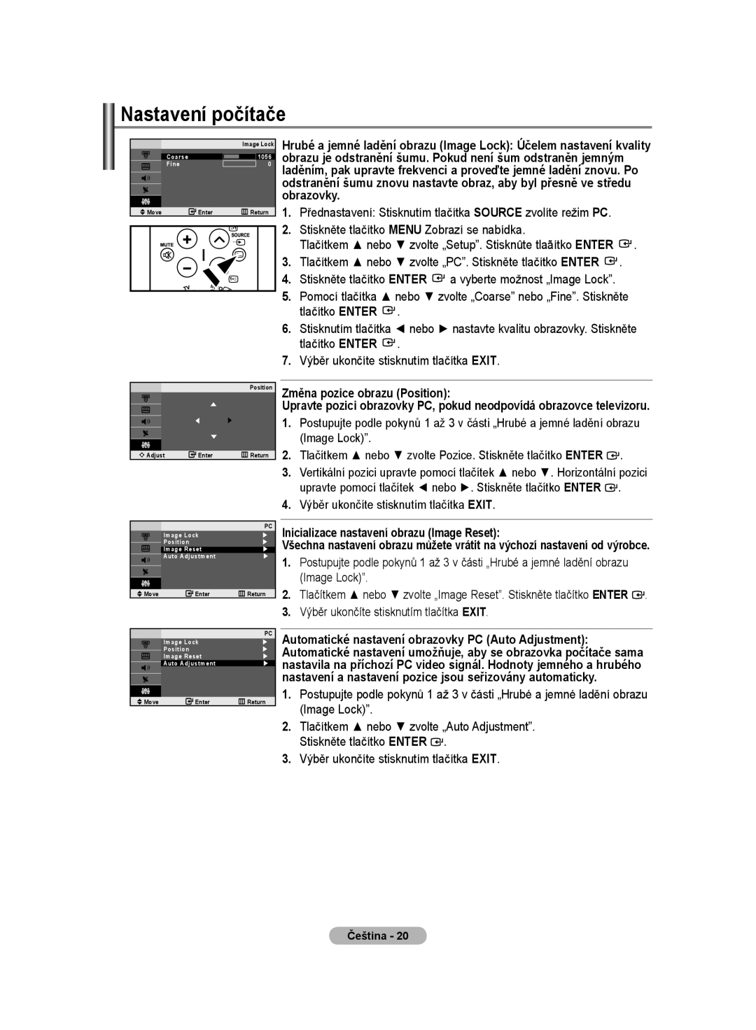 Samsung LE20S8 manual Nastavení počítače, Změna pozice obrazu Position, Inicializace nastavení obrazu Image Reset 