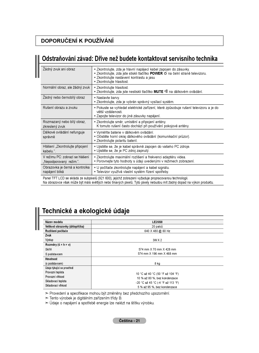 Samsung LE20S8 manual Technické a ekologické údaje, Údaje týkající se prostředí 