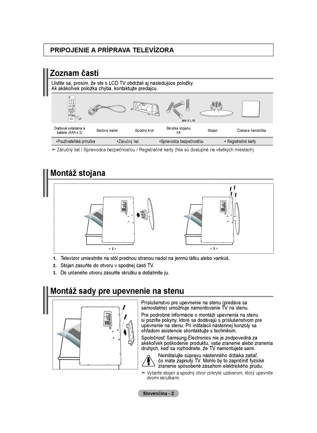 Samsung LE20S8 manual Zoznam častí, Montáž stojana, Montáž sady pre upevnenie na stenu 