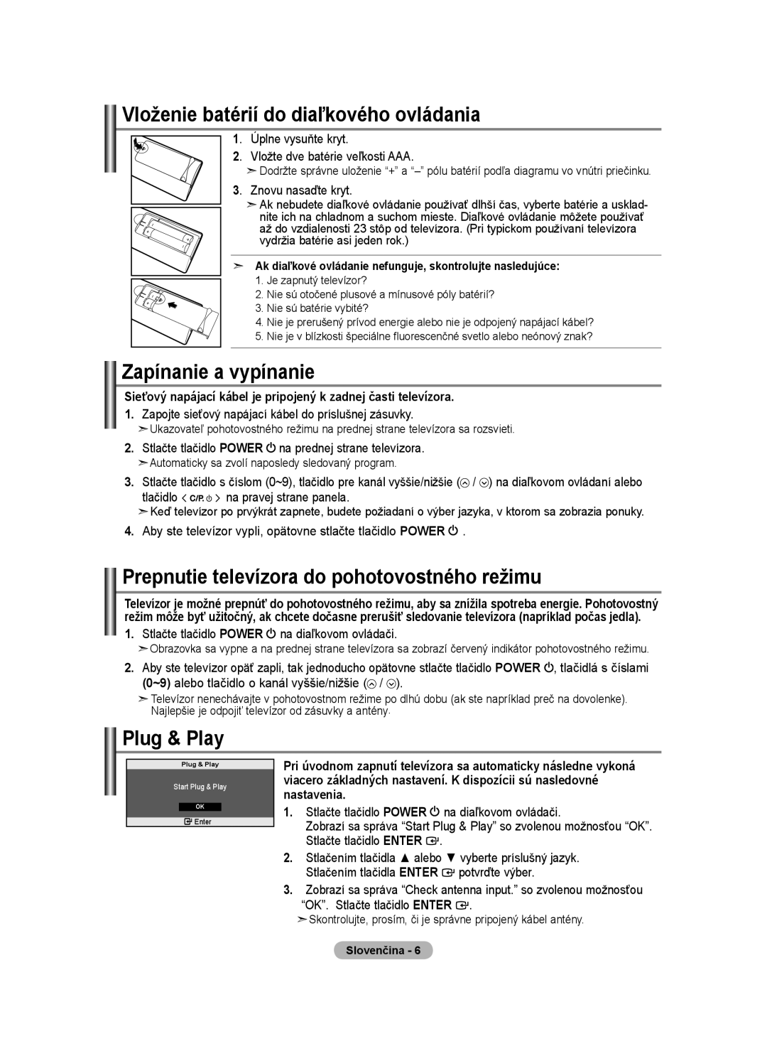 Samsung LE20S8 manual Vloženie batérií do diaľkového ovládania, Zapínanie a vypínanie 