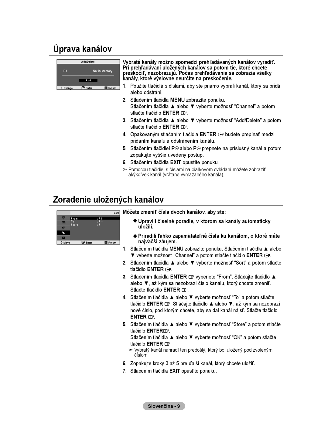 Samsung LE20S8 manual Úprava kanálov, Zoradenie uložených kanálov 