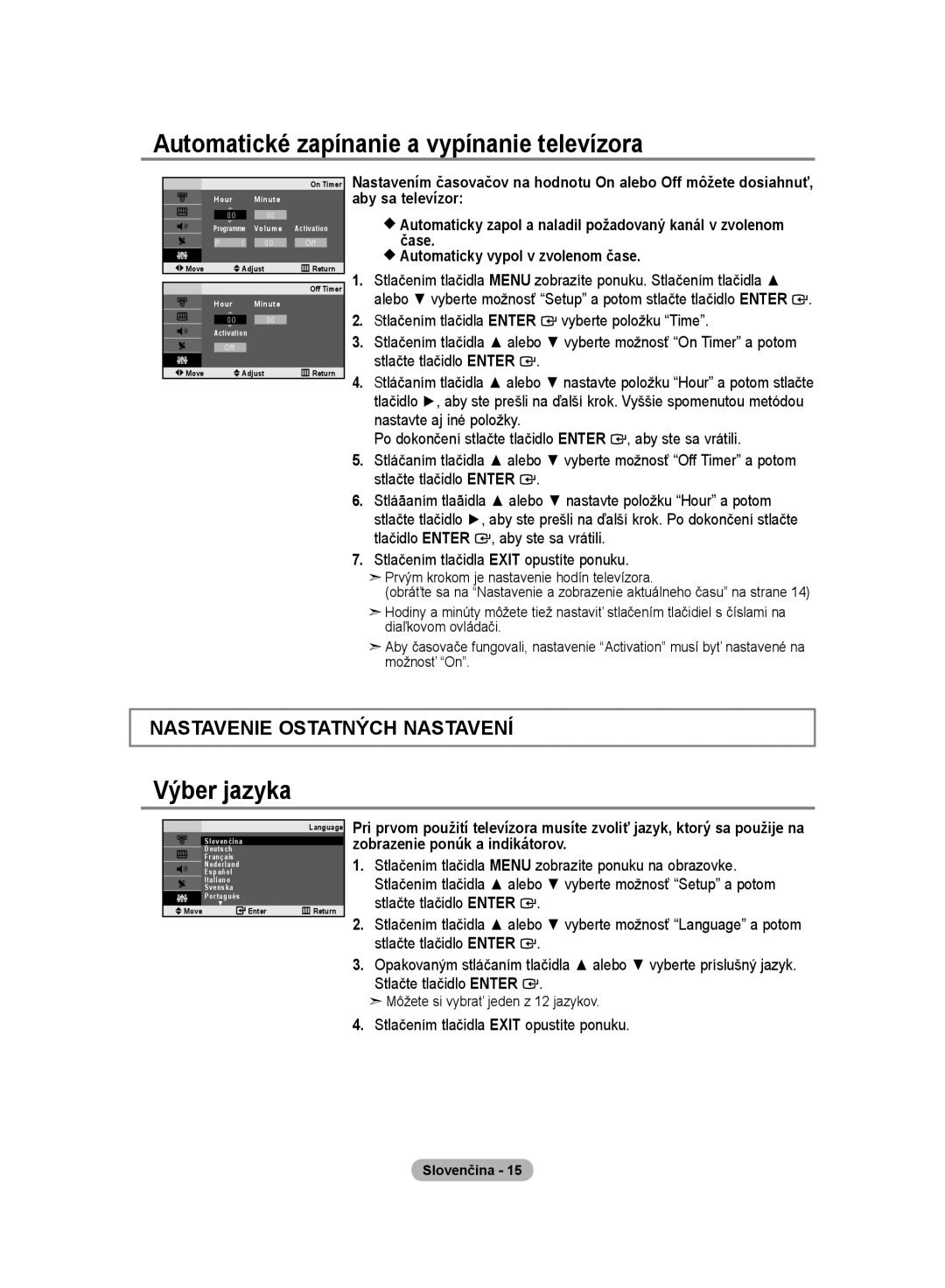 Samsung LE20S8 manual Automatické zapínanie a vypínanie televízora, Výber jazyka, Môžete si vybrať jeden z 12 jazykov 