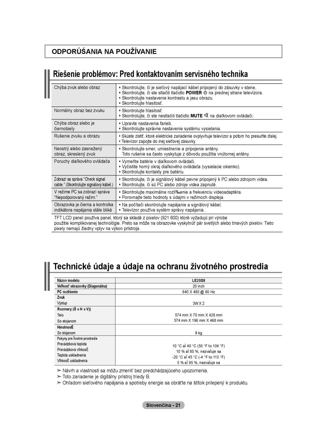 Samsung LE20S8 manual Riešenie problémov Pred kontaktovaním servisného technika 