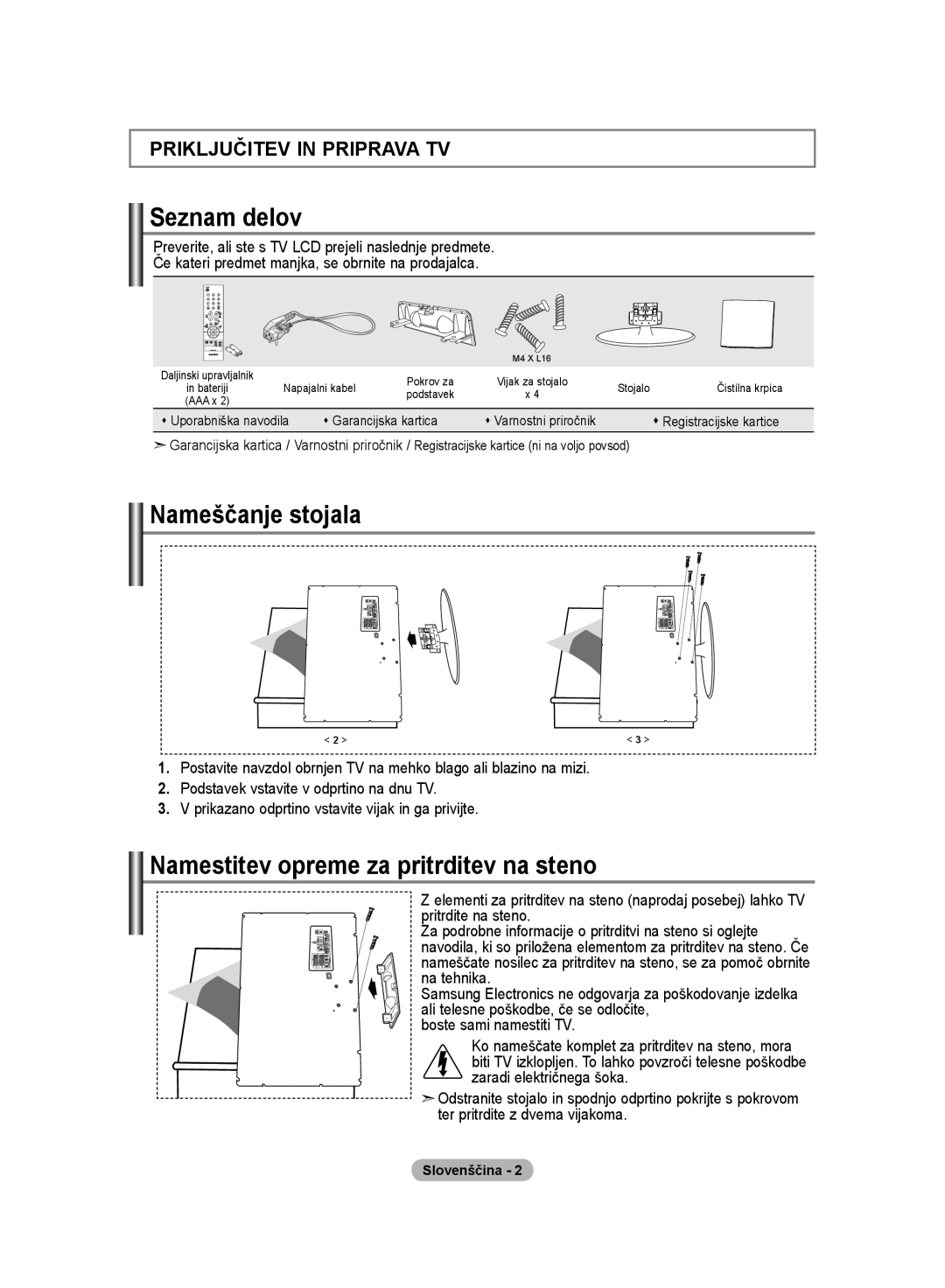 Samsung LE20S8 manual Seznam delov, Nameščanje stojala, Namestitev opreme za pritrditev na steno 