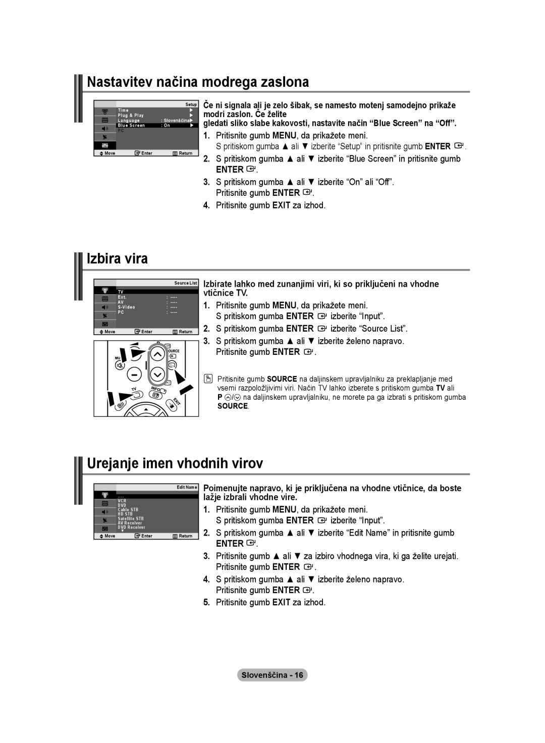 Samsung LE20S8 manual Nastavitev načina modrega zaslona, Izbira vira, Urejanje imen vhodnih virov 