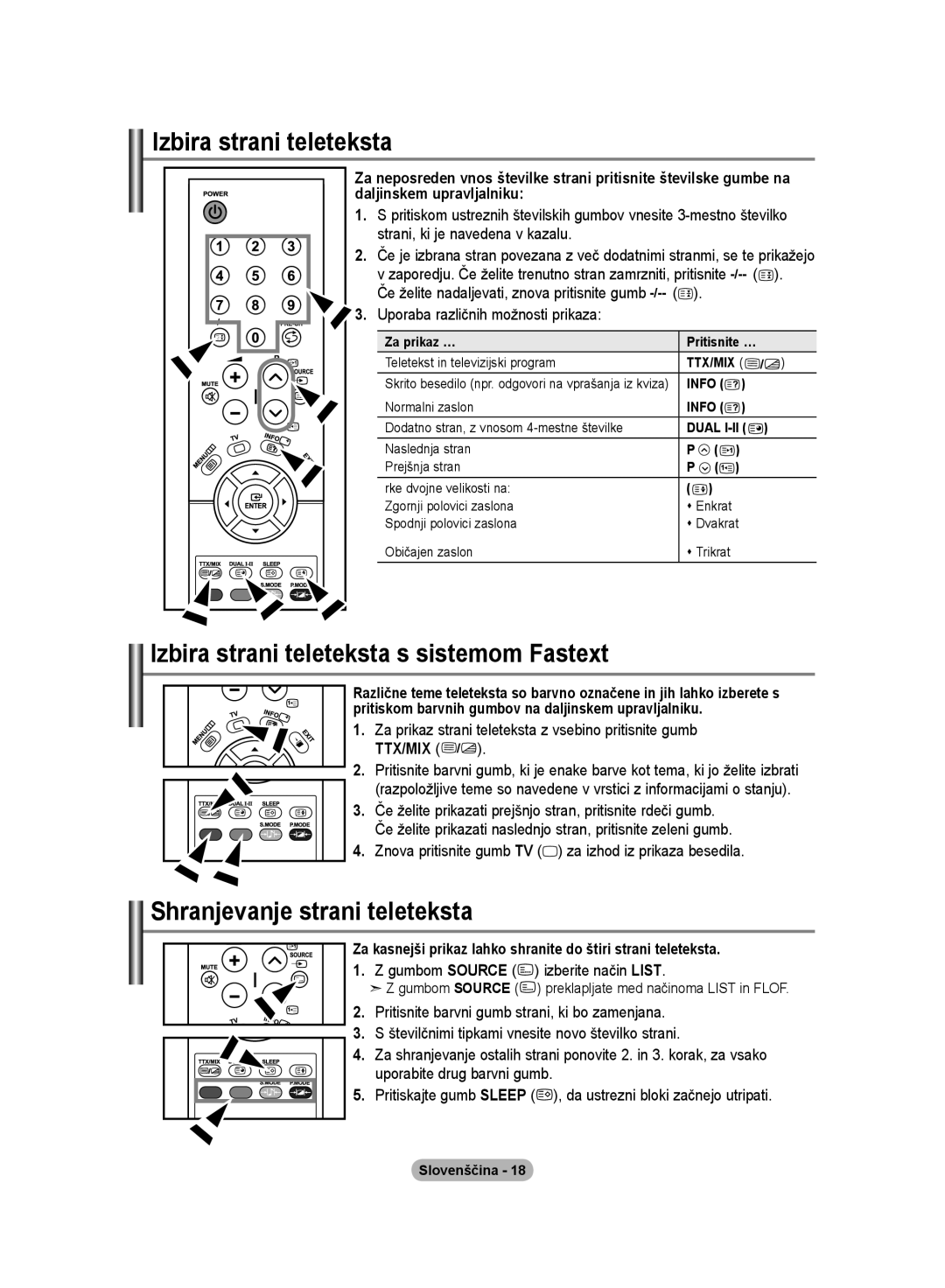 Samsung LE20S8 manual Izbira strani teleteksta s sistemom Fastext, Shranjevanje strani teleteksta 