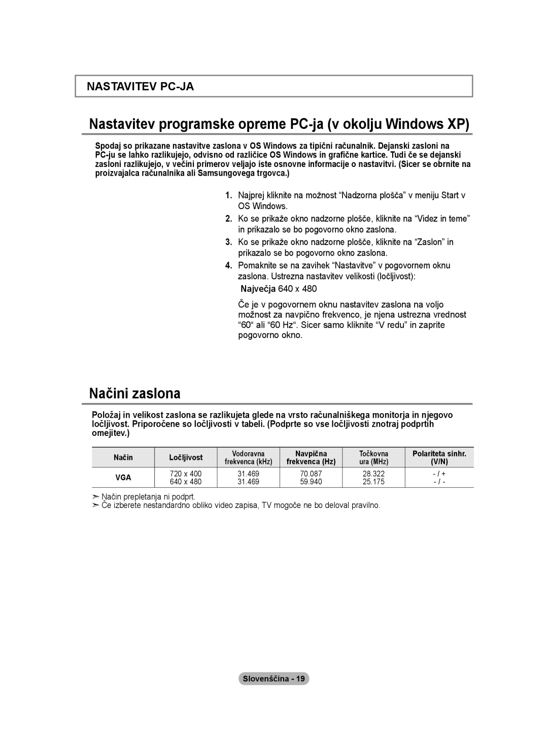 Samsung LE20S8 manual Nastavitev programske opreme PC-ja v okolju Windows XP, Načini zaslona 