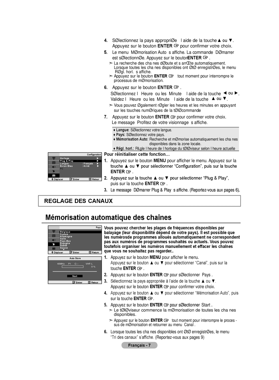 Samsung LE20S8 manual Mémorisation automatique des chaînes, Appuyez sur le bouton Enter, Pour réinitialiser cette fonction… 