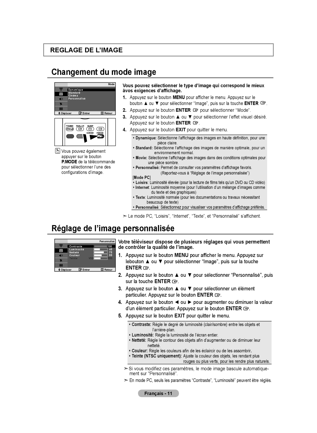 Samsung LE20S8 manual Changement du mode image, Réglage de l’image personnalisée, Mode PC 