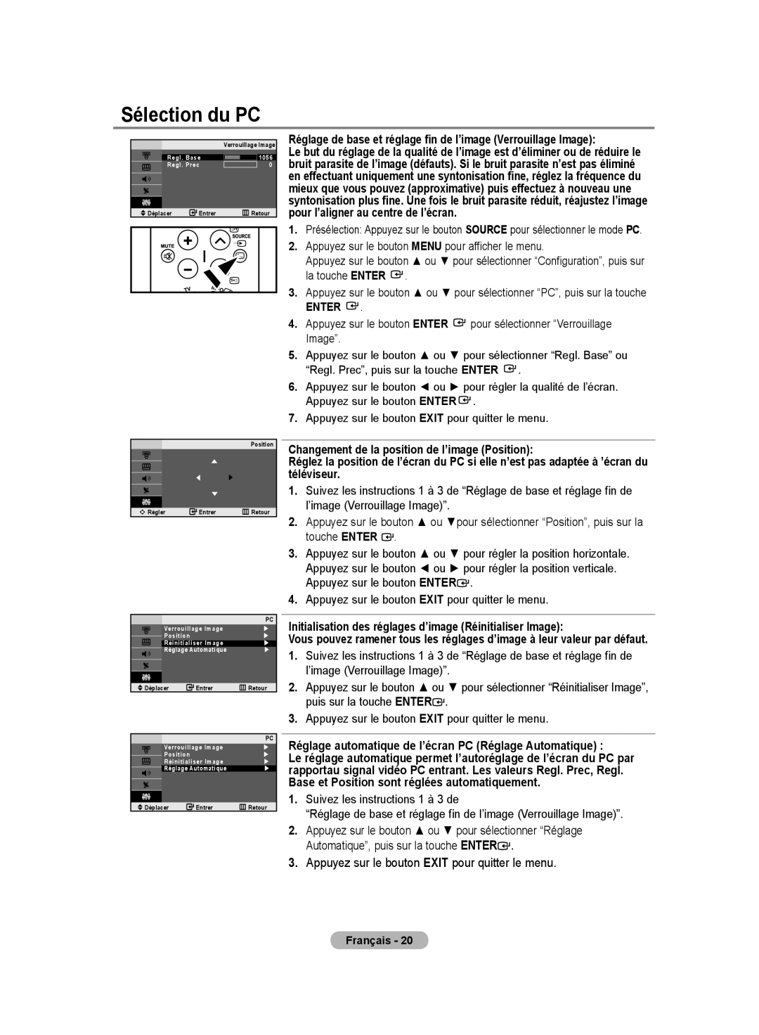 Samsung LE20S8 manual Sélection du PC, Enter 