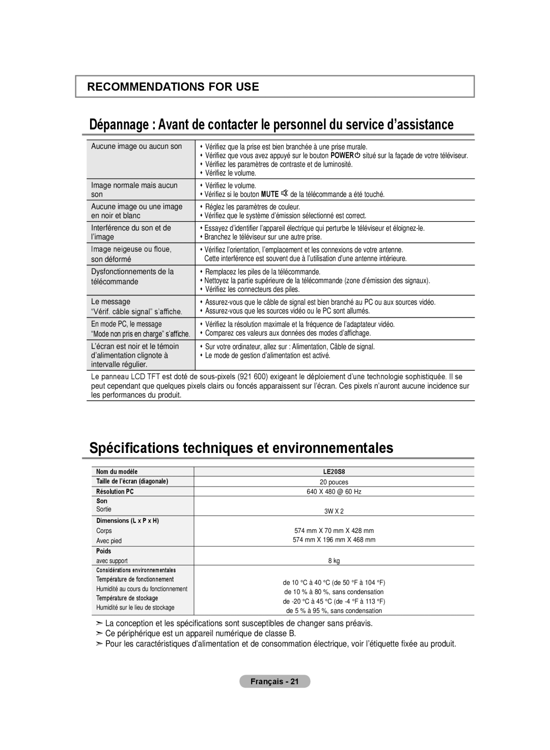 Samsung LE20S8 manual Spécifications techniques et environnementales, Poids 